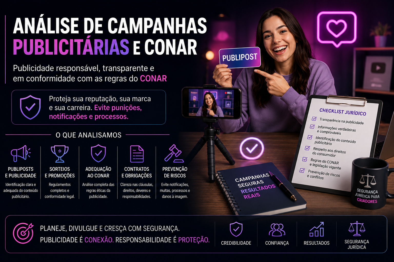 Capa: Análise de Campanhas Publicitárias e CONAR: Como Evitar Problemas Jurídicos em Publiposts, Sorteios e Publicidade Digital